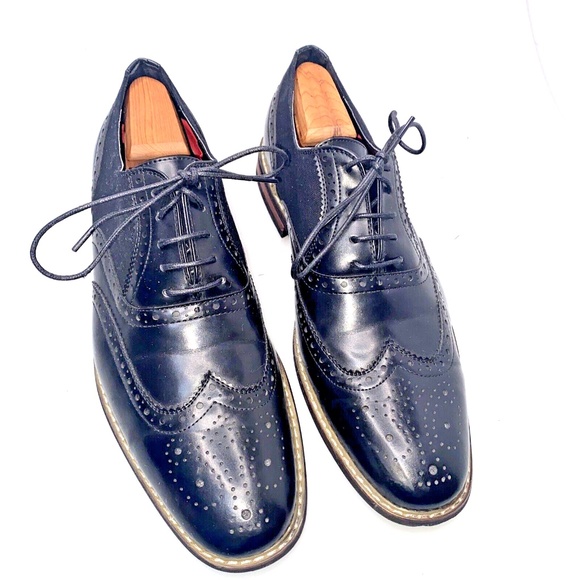 Parrazo Men's Size 11 Dress Shoes Black Wing Tip Block Hill Lace Fashion Oxford - Picture 2 of 16